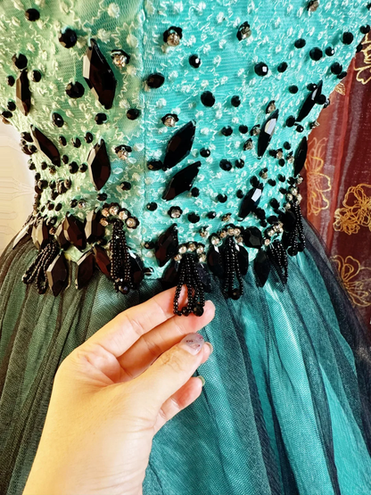 Vintage Viridian Tulle Satin Beaded Mini Cocktail Dress Strapless A Line Short 8th Grade Homecoming Dress SP2383