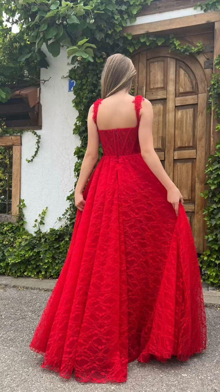 Elegant Red Lace Prom Dress Sweetheart Neck Side Slit High Waist A Line Formal Wedding Party Evening Dress Y4909