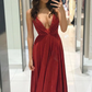 Red Spaghetti Straps V-neck Long Prom Dress, Shiny A Line Party Gown Y6163