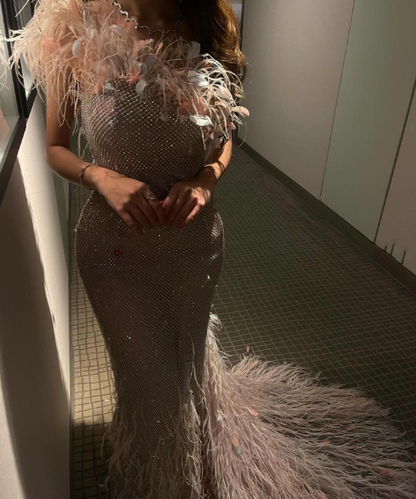 Pretty Light Pink Sequin Feathers Mermaid Long Party Dress Prom Gown SP1120