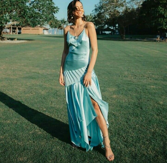 Simple Spaghetti Straps Blue Satin Mermaid Wedding Guest Dress Long Party Dress SP811