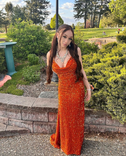 sexy orange sequin mermaid low back prom dress, formal dress,orange open back prom dress Y4338