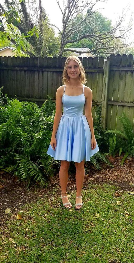 Blue A line Satin Homecoming Dress 8th Graduation Dress Y4040