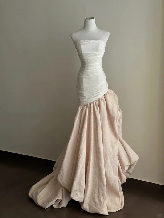 Elegant White Pink Long Satin Tulle Mermaid Long Wedding Dress SP405