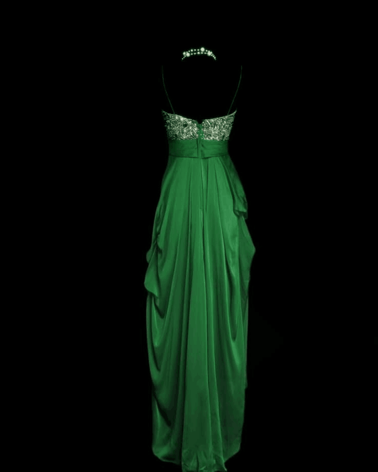 Charming Spaghetti Straps Satin Beaded Long Party Dress Green Prom Dress SP4173