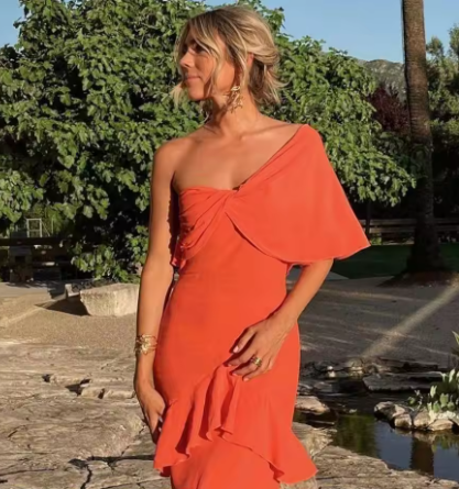 Elegant Coral Orange One Shoulder Peplum Prom Dress with Ruffle Hem Y6249