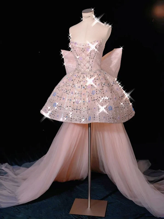 Pretty Strapless Pink Tulle Beaded Mini Birthday Dress Short Homecoming Dress With Bow Y9317