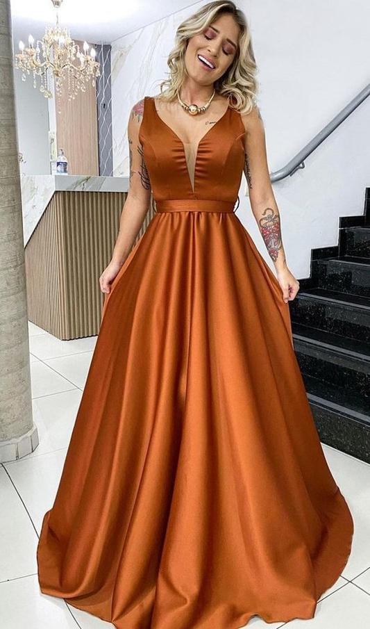 burnt orange graduation dress open lace back dress V-neck Burnt Orange Satin Mermaid Long Evening Prom Dresses, MR9119