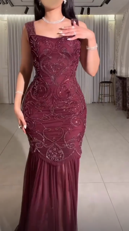 Charming Square Neck Chiffon Beaded Party Dress Burgundy Mermaid Long Prom Dress SP4178
