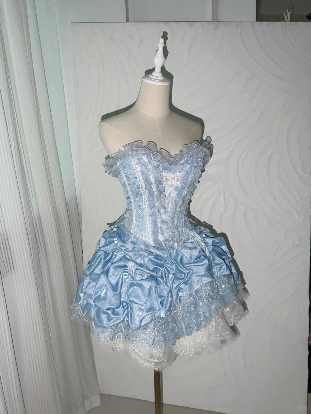 Charming Blue Strapless Satin Lace Sequin A Line Short Homecoming Dress Birthday Dress SP4217