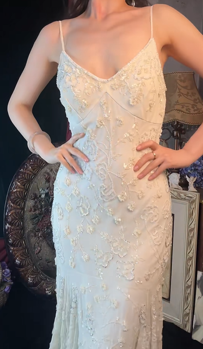 Gorgeous Spaghetti Straps White V Neck Chiffon Beaded Mermaid Birthday Outfits Long Party Dress SP1253