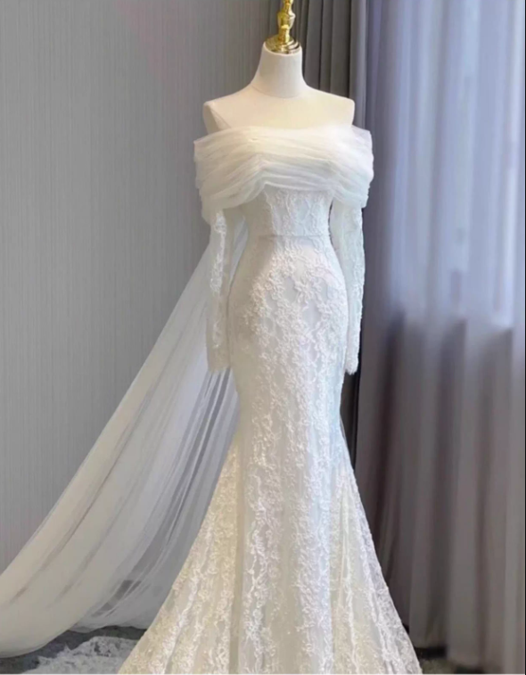 Gorgeous Off The Shoulder Tulle Lace Mermaid Long Wedding Dress White Bridal Dresses SP2022