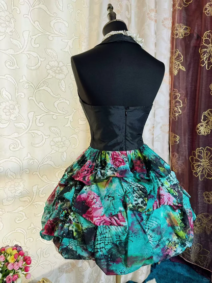 Chic Black Halter Satin Chiffon Print Floral A Line Short Graduation Homecoming Dress Cocktail Dress SP2195