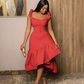 Women Red Solid Sleeveless Sexy Slash Neck Ruffles Prom Dress Y4862