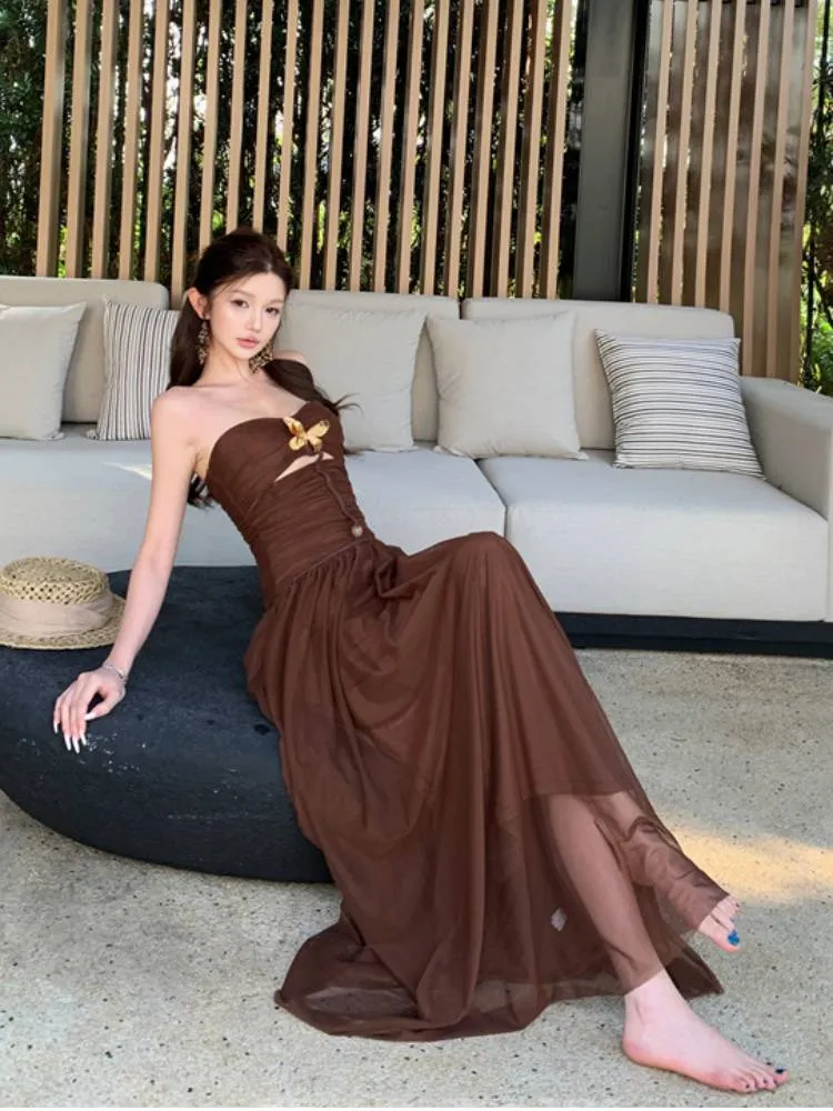 Sexy Brown Strapless A Line Long Prom Dress Evening Dress SP2289