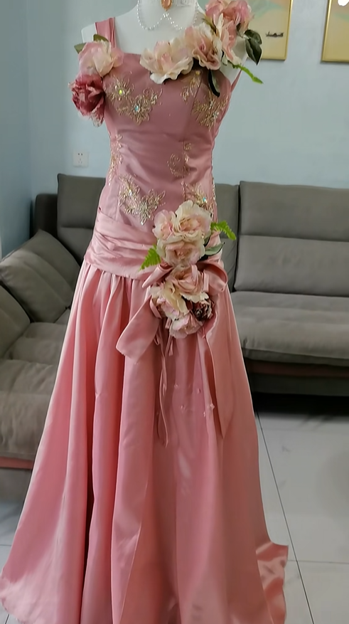 Beautiful Peach Pink Embroidered Floral Satin A Line Long Party Dress Birthday Dress With 3D Flowers SP2329