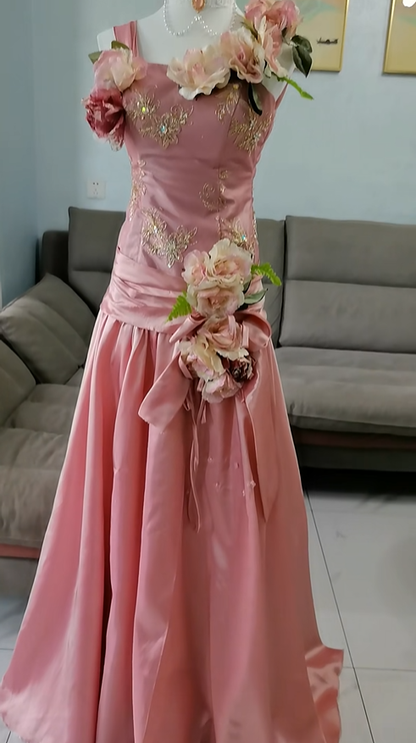 Beautiful Peach Pink Embroidered Floral Satin A Line Long Party Dress Birthday Dress With 3D Flowers SP2329