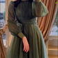 Vintage Green High Neck Tulle Long Prom Dress,Green Birthday Party Dress  Y5548