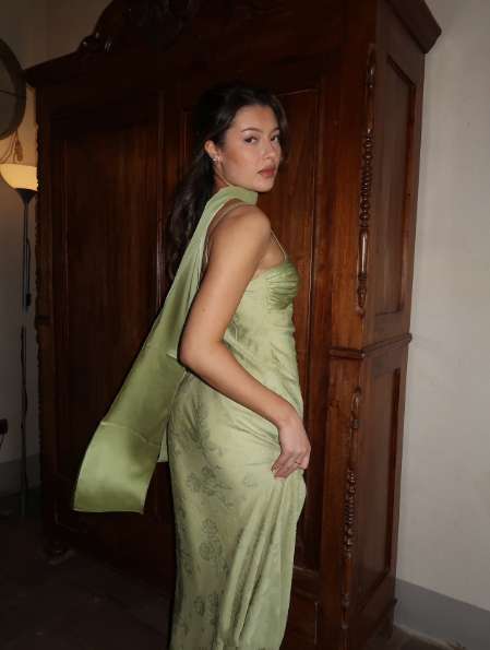 Classy Spaghetti Straps Satin Print Floral Long Evening Dress Mint Green Birthday Outfits With Scarf SP834