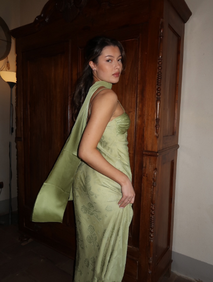 Classy Spaghetti Straps Satin Print Floral Long Evening Dress Mint Green Birthday Outfits With Scarf SP834