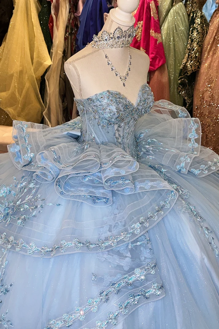Pretty Strapless Blue Tulle Sequins Appliques Ruffles Tiered Bow Knot Sweet 15 Dress Quinceanera Dress SP571