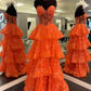 Chic Orange Strapless A-Line Lace Layered Appliques Prom Dress Slit Evening Dress  Y7885