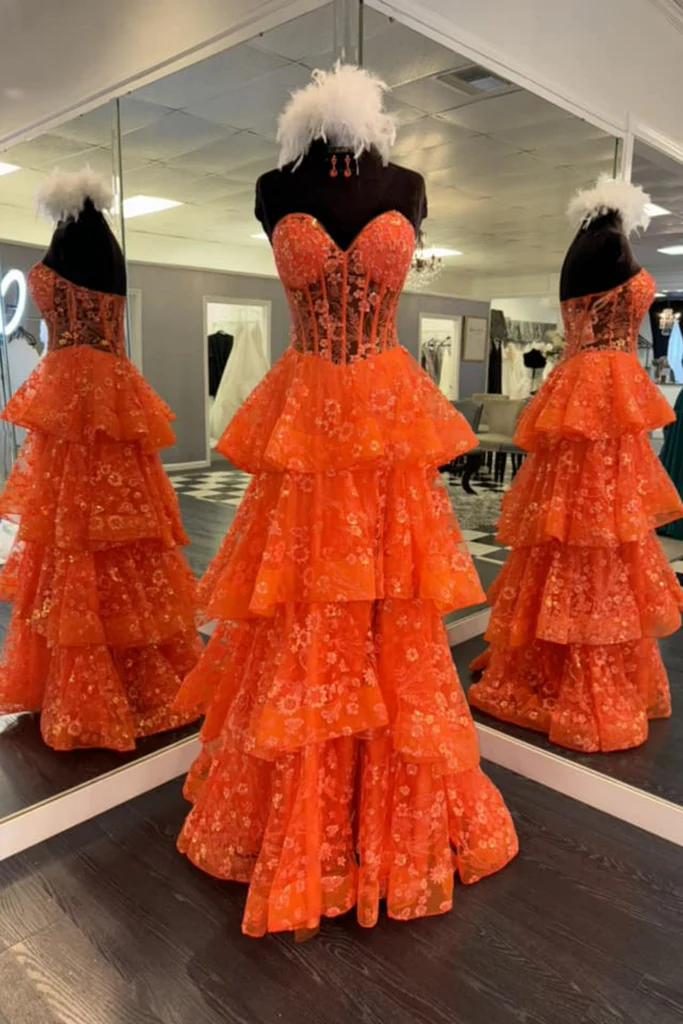 Chic Orange Strapless A-Line Lace Layered Appliques Prom Dress Slit Evening Dress  Y7885