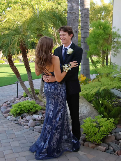 Fashion Spaghetti Strap Navy Blue Tulle Mermaid Long Party Dress Birthday Prom Dress SP4108