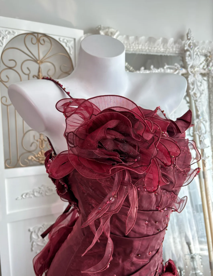 Charming Burgundy One Shoulder Beaded Satin Pleated Flowers Mermaid Long Birthday Prom Dress Party Gown SP1469