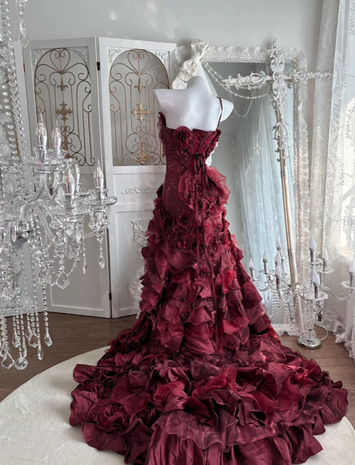 Charming Burgundy One Shoulder Beaded Satin Pleated Flowers Mermaid Long Birthday Prom Dress Party Gown SP1469