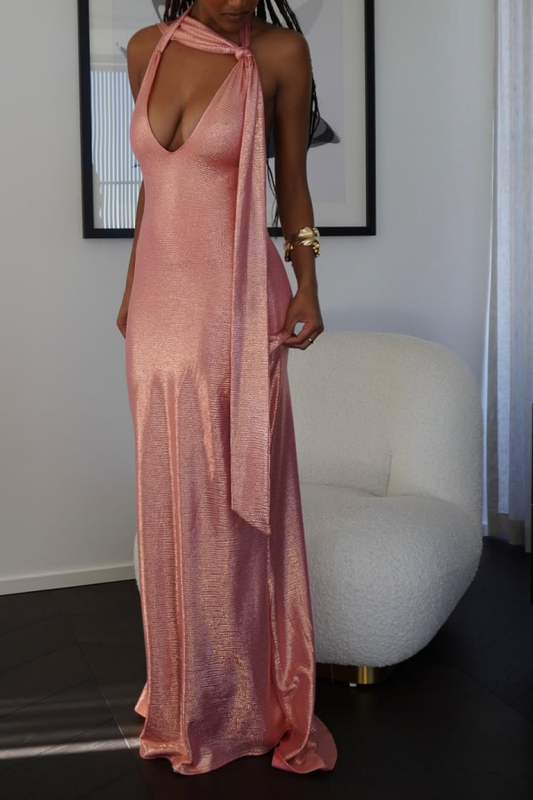 Sexy Deep V Halter Backless Evening Dress,Pink Satin Prom Dress Y8735