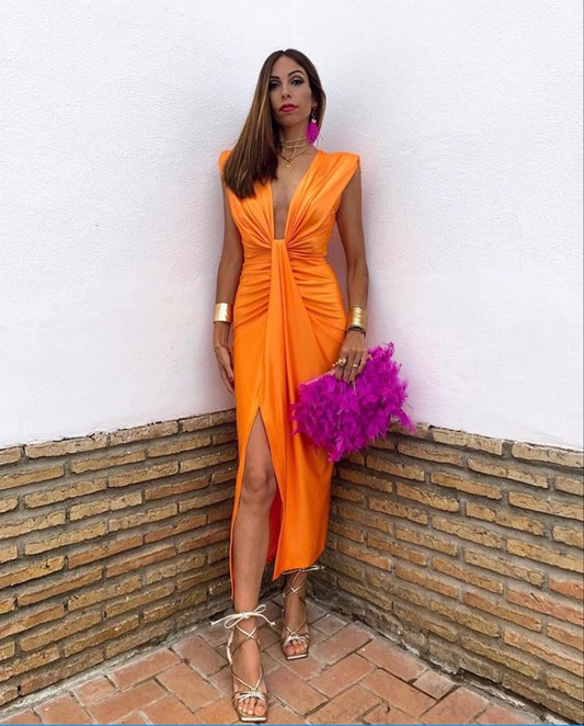 Orange Deep V Neck Sheath Prom Dress,Orange Party Dress  Y6240