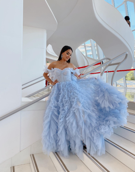 Charming Off The Shoulder Sky Blue Tulle Pleated Long Party Dress Birthday Outfits SP1129