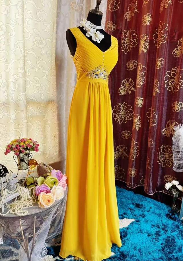 Vintage V Neck Yellow Chiffon Beaded A Line Long Party Dress Prom Dress SP1951