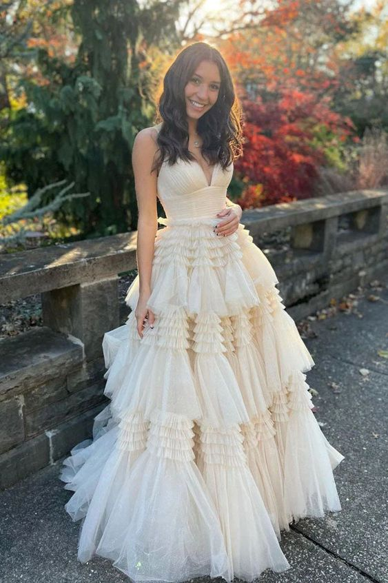 Champagne A-Line Spaghetti Straps Ruffles Formal Evening Dresses Long Simplepromdress Champagne A-Line Spaghetti Straps Ruffles Formal Evening Dresses Long Simplepromdress