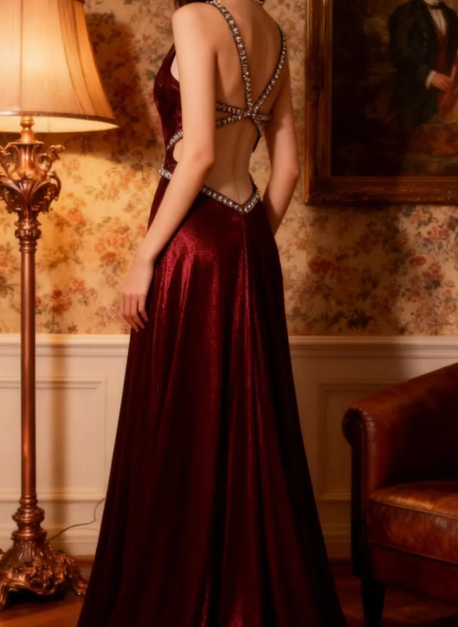 Sexy Burgundy Satin Beaded Backless Long Evening Dress Prom Gown SP848