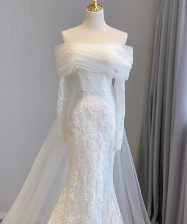 Gorgeous Off The Shoulder Tulle Lace Mermaid Long Wedding Dress White Bridal Dresses SP2022