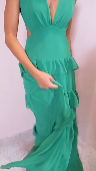 Emerald Green Deep V Neck Layered Ruffles Evening Dress,Backless Long Prom Dress Y8386
