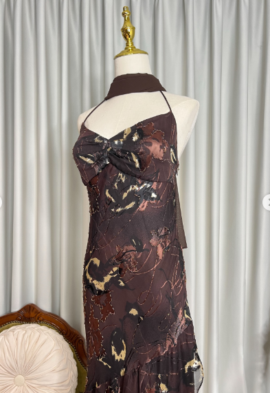 Vintage Halter Chocolate-Brown Chiffon Floral Prints Beaded Mermaid Party Dress Formal Prom Gown With Ribbon SP626