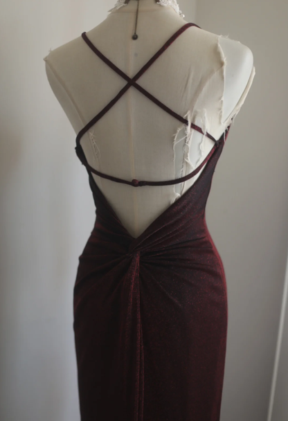 Elegant Spaghetti Straps Burgundy V Neck Satin Pleated Mermaid Long Wedding Guest Dress Evening Dress SP1208