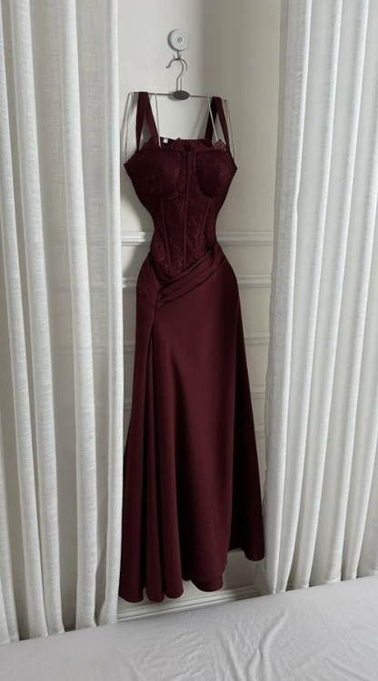 Charming Burgundy Spaghetti Straps Satin Pleated Mermaid Long Wedding Guest Dress Evening Dress SP1332