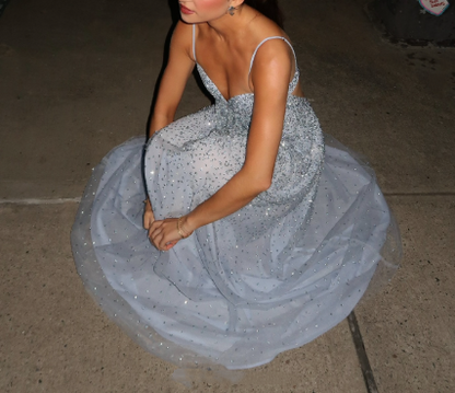 Glamorous Spaghetti Straps Sky Blue Tulle Sequin Beaded Long Wedding Guest Dress Formal Birthday Party Gown SP1163