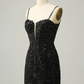 Sequins Spaghetti Straps Black Short Homecoming Dress Y3072