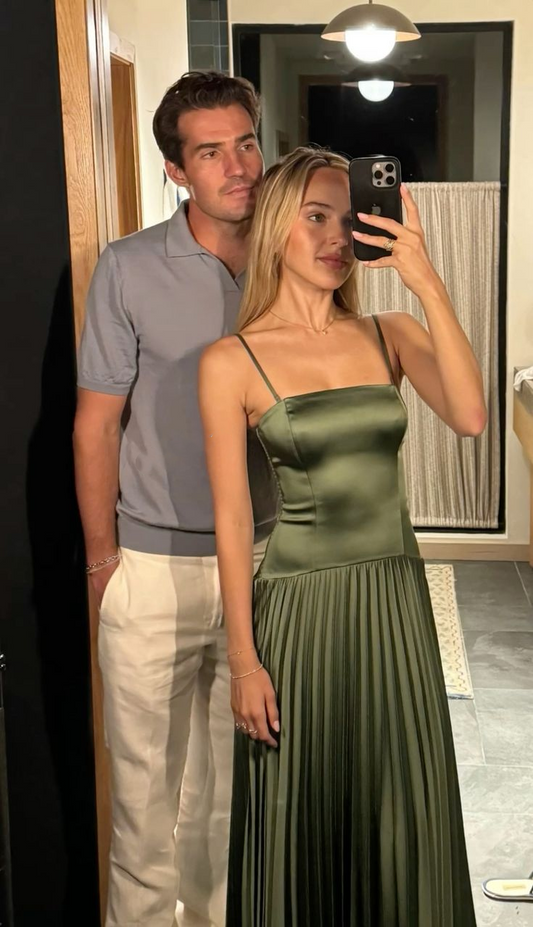 Fashion Olive Green Satin Pleated A Line Long Prom Dress Party Gown Spaghetti Straps Wedding Guest Dress SP2285