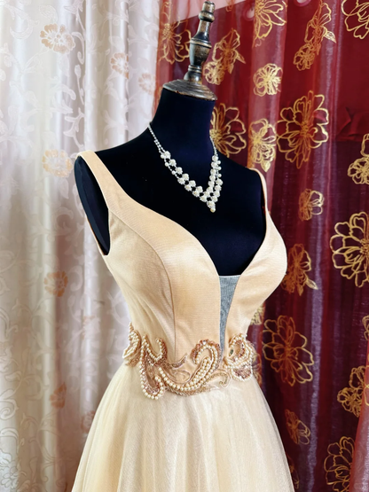 Retro Sleeveless Tulle Beaded A Line Long Wedding Guest Dress Formal Evening Dress SP2381