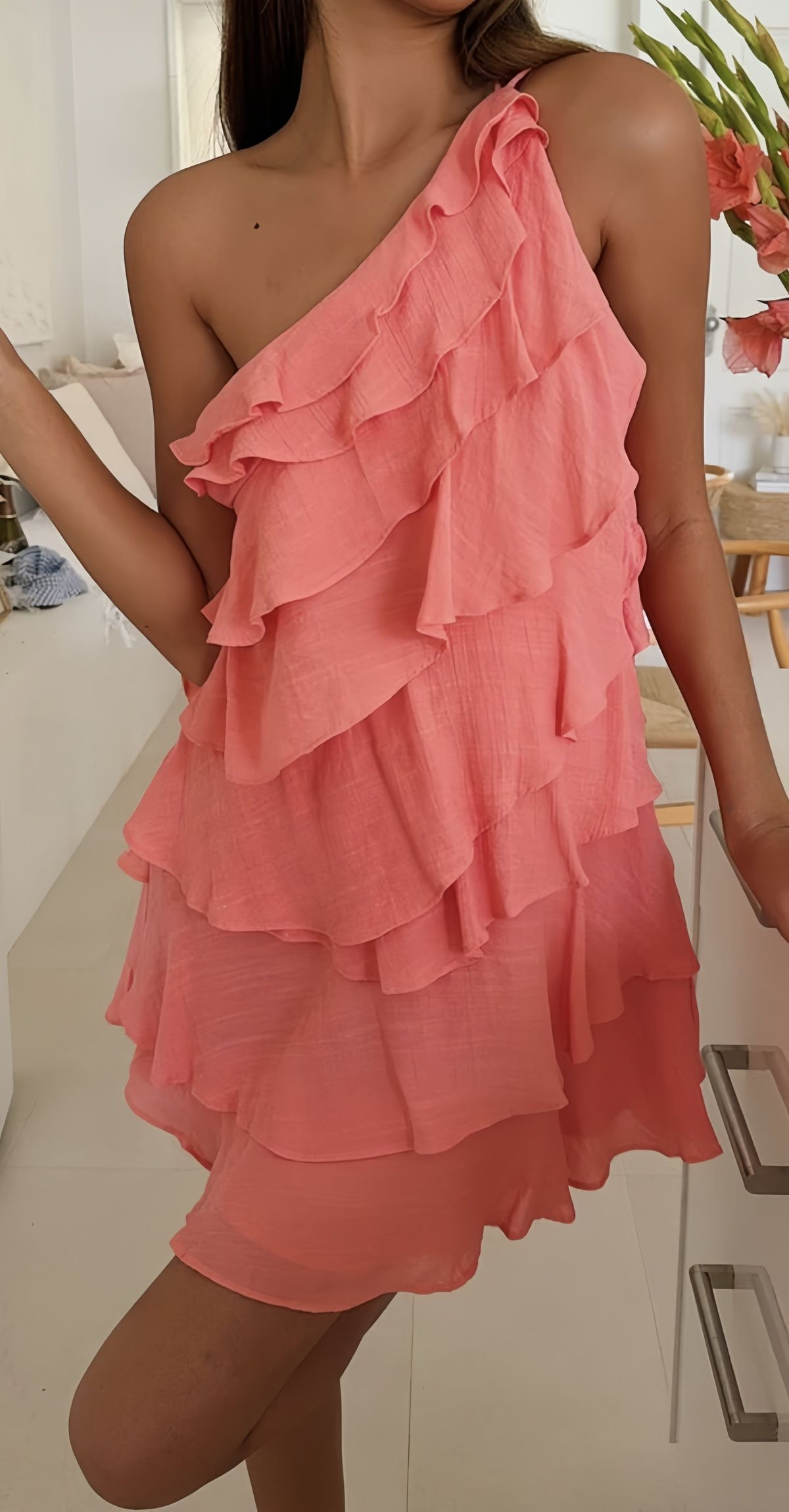 Sexy One Shoulder Chiffon Ruffles Layered Short Homecoming Dress Birthday Outfits SP63