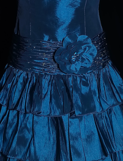 Vintage Spaghetti Straps Blue Satin Pleated Layered A Line Short Homecoming Dress Birthday Outfits SP437