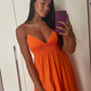 A-line V Neck Spaghetti Straps Prom Dress,Orange Prom Gown Y2147
