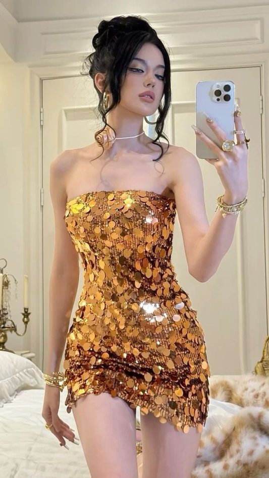 Sparkly Gold Sequin Homecoming Dress Strapless Short Birthday Outfits Cocktail Dress Y8905