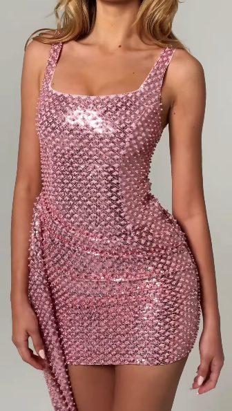 Sparkly Spaghetti Straps Pink Sequin Beaded Sheath Short Homecoming Dress Birthday Outfits SP3086